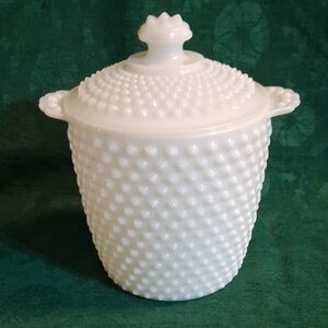 Vtg Anchor Hocking Hobnail With Bars Milk Glass Covered Ice Bucket/Cookie Jar